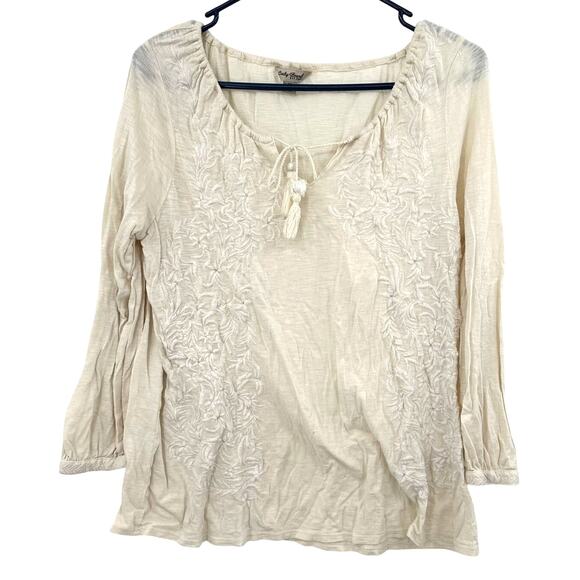 Lucky Brand Size Medium Long Sleeve Top Shirt Blouse Cream Oatmeal Embroidered - Picture 1 of 5
